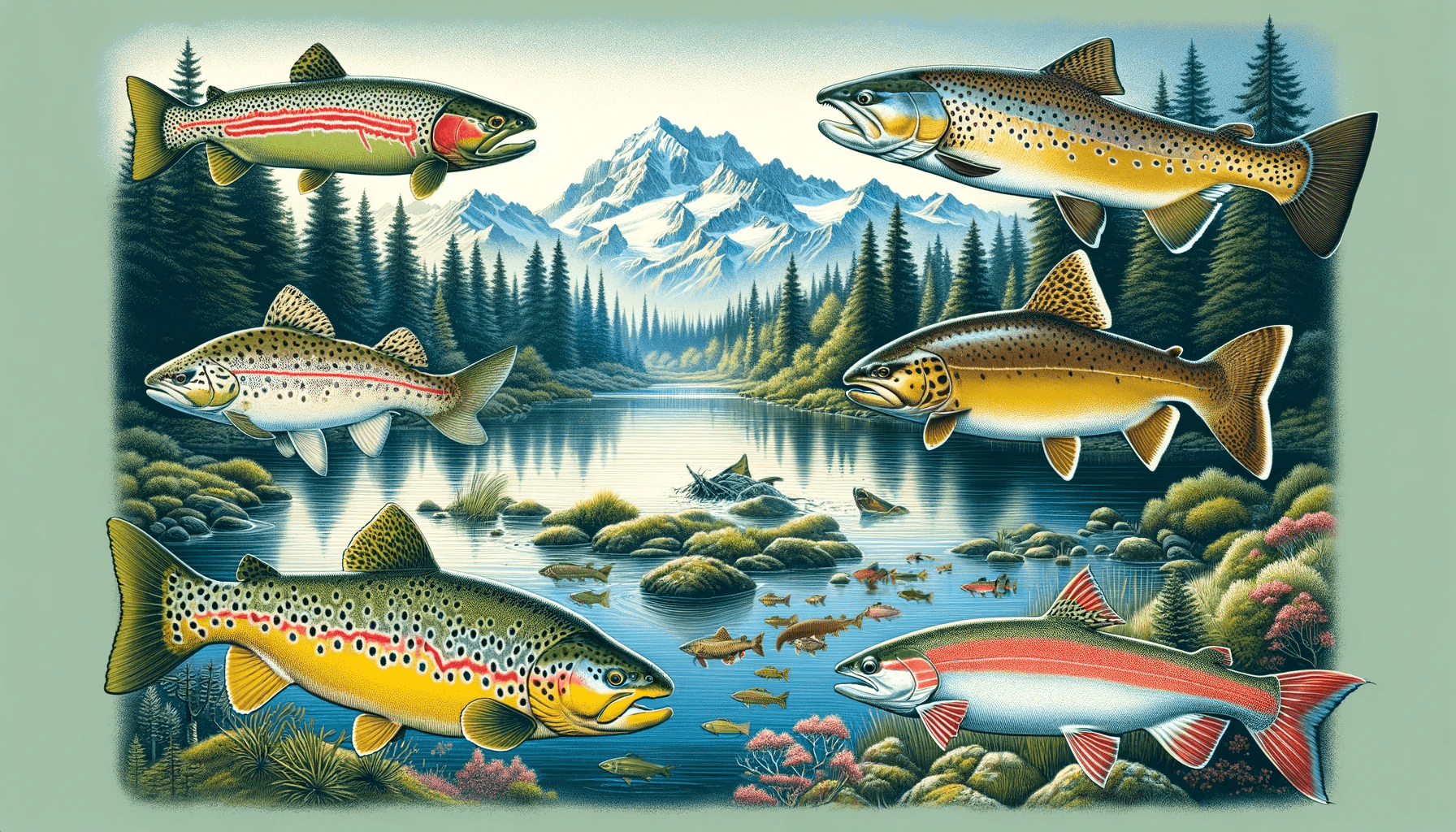 Scenic Washington State landscape with various trout species